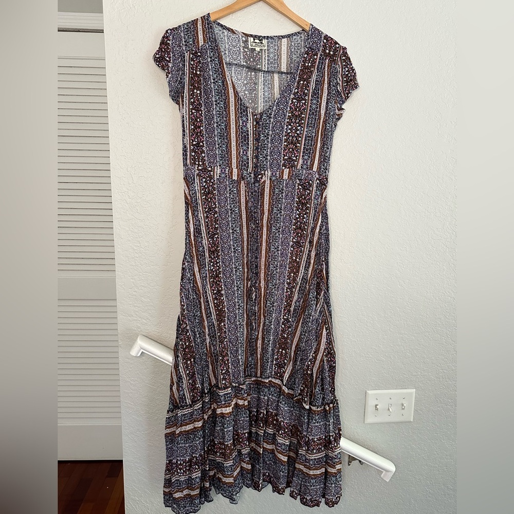 Jaase Maxi Dress Boho Tiered Cap Sleeve Button Front Large